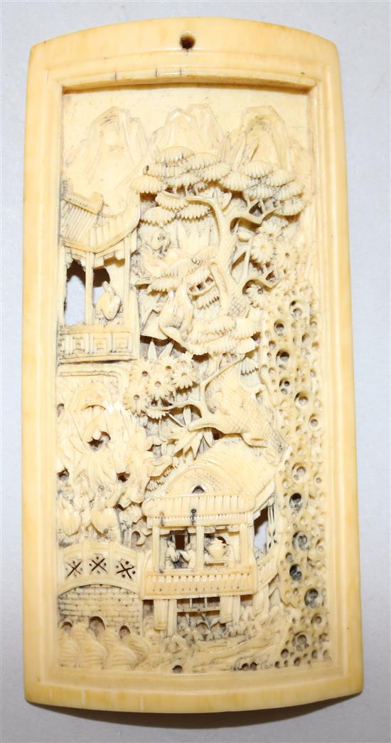 A Chinese export ivory page turner and a similar panel, late 19th century, 30cm and 10.5cm